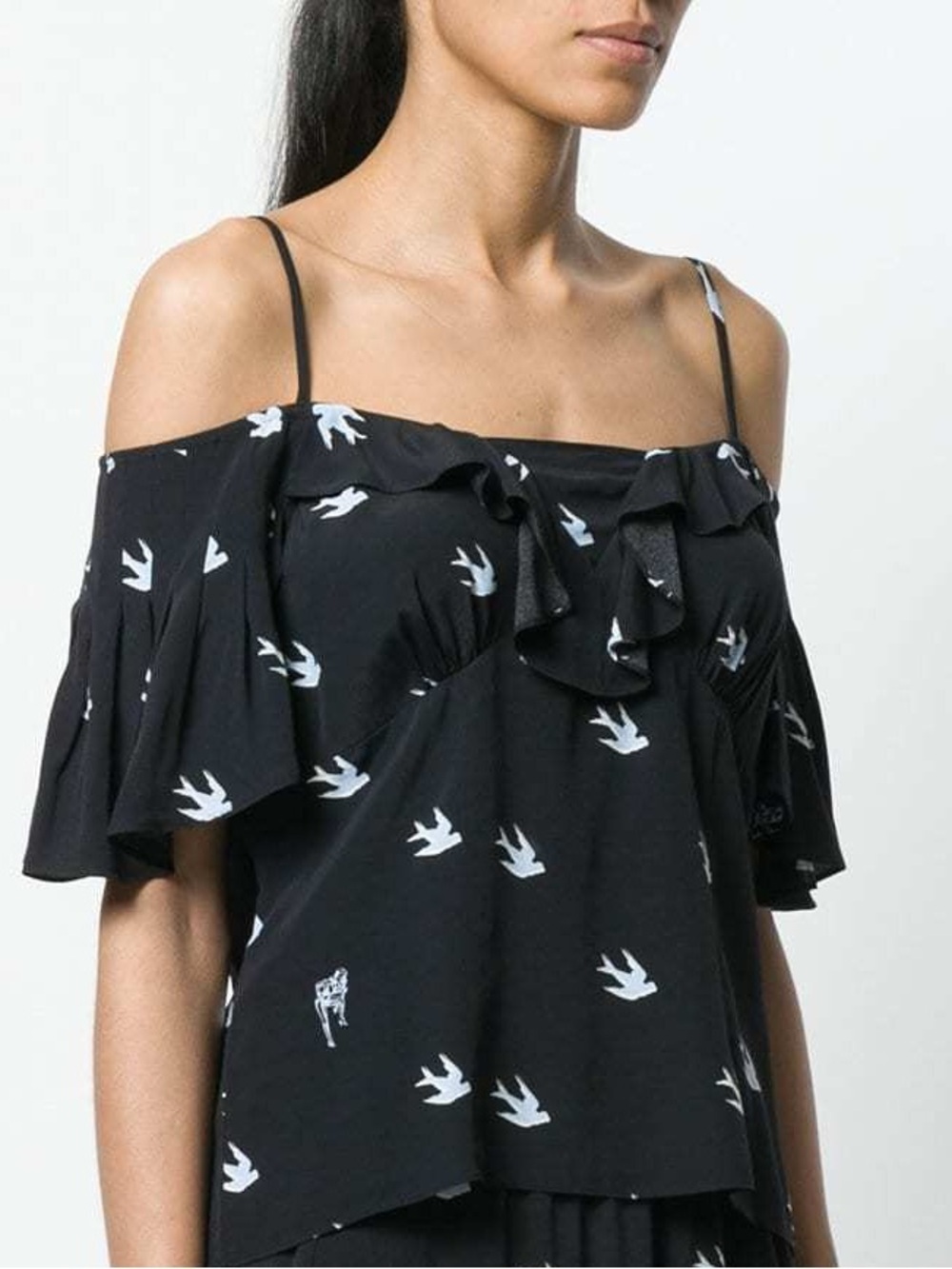 New MCQ Alexander McQueen Pin Up Swallow Bird Print Silk Top Black Sz 38